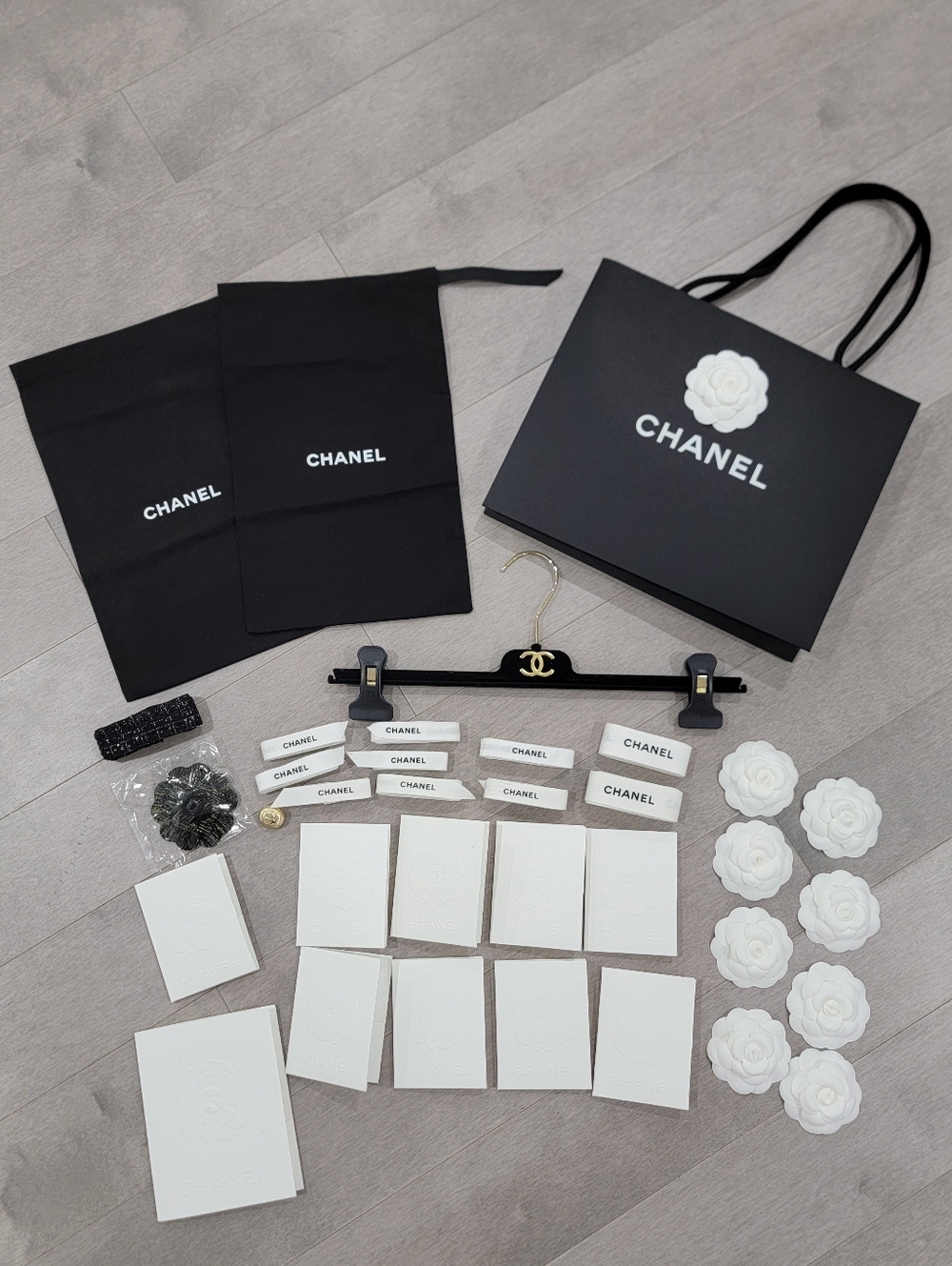 CHANEL Black & White Camellias, Bag, Scarf Ring, Hanger Bundle